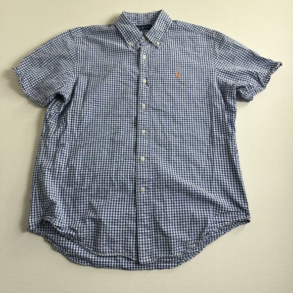 Polo Ralph Lauren Shirt Short Sleeve Seersucker Blue Plaid Button Down Mens L - Picture 1 of 9